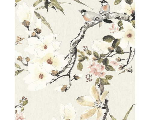 Behang met vogel- en bloemmotief