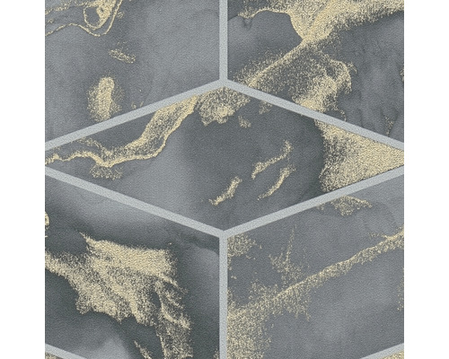 Close-up van een grijs behang met een goudkleurig marmerpatroon