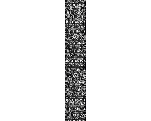 Behangrand met diverse witte teksten op een donkere achtergrond