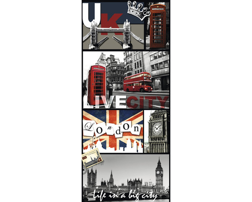 Collage met Londense motieven: Tower Bridge, telefooncel, bus, Big Ben en Union Jack vlag