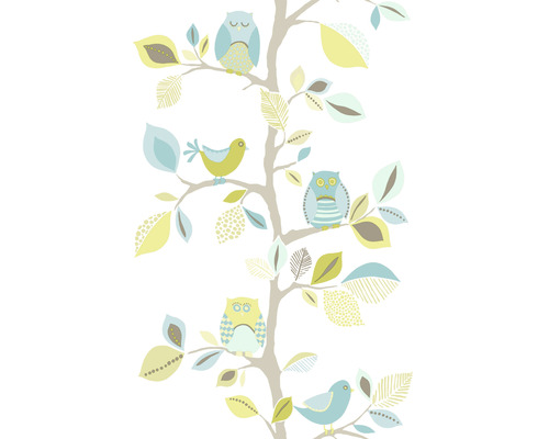 Behang met boom, uilen en vogels