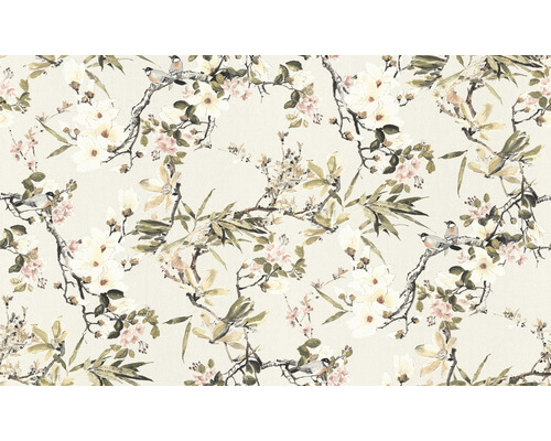 Behang met bloemen-, bladeren- en vogelmotief