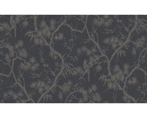 Behang met boom-, plant- en vogelmotief