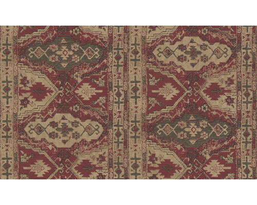 Detail van een textielbehang met motief in rood en beige