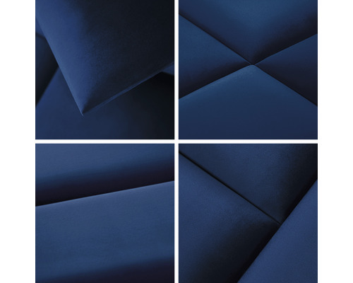 Close-up van vier blauwe akoestische panelen met geometrische patronen