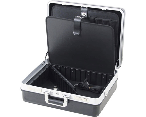 Geopende gereedschapskoffer met compartimenten en draagriem