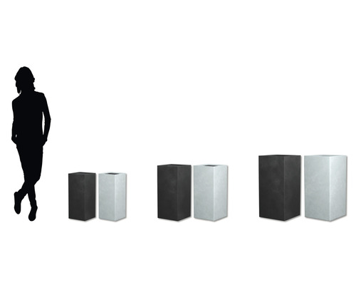 Drie formaten vierkante plantenbaksets in zwart en wit met persoon ter oriëntatie van de grootte.