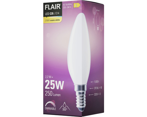 FLAIR LED lamp C35 E14, 2,2 watt, 250 lumen, 2700 kelvin, warm wit, dimbaar