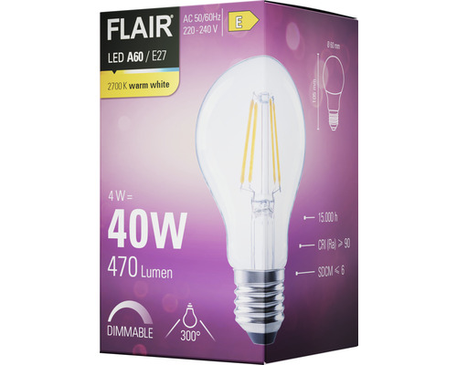 Verpakking van een Flair LED A60 E27 lamp, 4 watt komt overeen met 40 watt, 470 lumen, 2700 kelvin warm wit, dimbaar