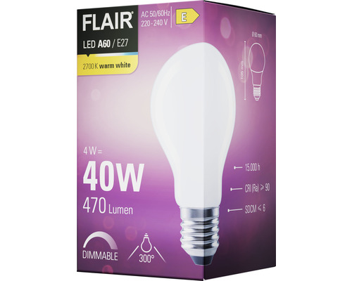 Verpakking van een Flair LED A60 / E27 lamp van 4 watt, 40 watt equivalent, 470 lumen, 2700 kelvin warm wit en dimbaar