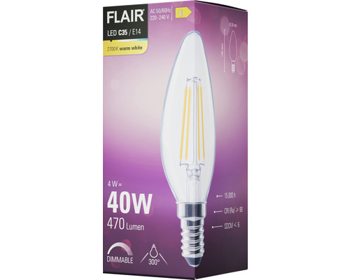 FLAIR LED lamp C35/E14, 4 Watt komt overeen met 40 Watt, 470 lumen, 2700 Kelvin warm wit, dimbaar