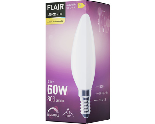 Flair LED lamp C35 E14, 6 watt, komt overeen met 60 watt, 806 lumen, 2700 kelvin warm wit, dimbaar