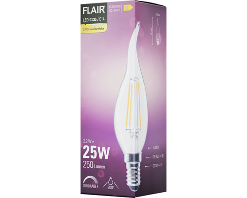 Verpakking van een Flair LED lamp CL35/E14 met 2,2 watt en 250 lumen