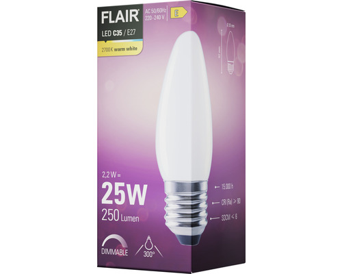 FLAIR LED lamp C35 E27, 2,2 W, 250 lumen, dimbaar
