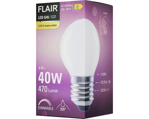 Verpakking van een Flair LED G45 E27 lamp met een vermogen van 4 watt