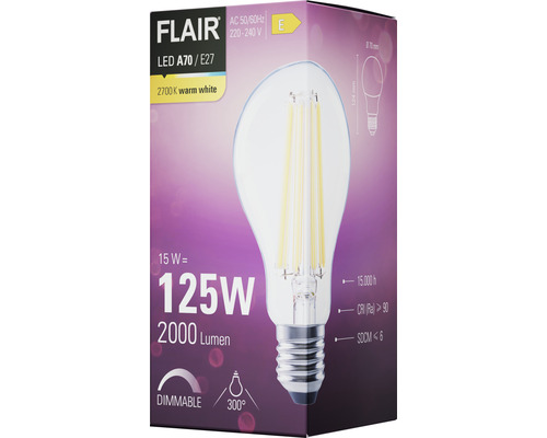 Verpakking van een dimbare Flair LED A70 E27 lamp met 2700 Kelvin en 2000 Lumen