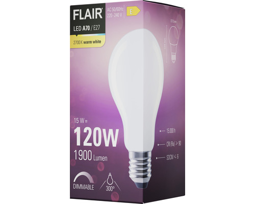 Verpakking van een dimbare Flair LED lamp A70/E27 met 120 watt en 1900 lumen