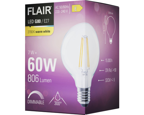 Verpakking van een dimbare Flair LED G80 E27 lamp van 7 watt, equivalent aan 60 watt