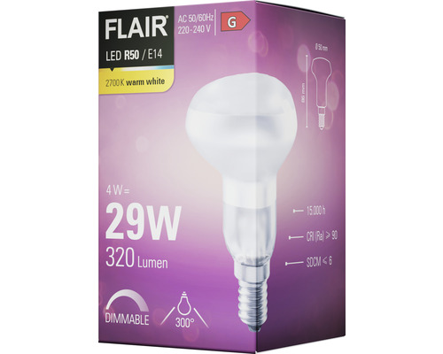 Verpakking van een Flair LED R50/E14 lamp met 2700 Kelvin warm wit