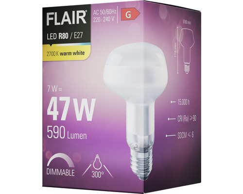 Verpakking van een dimbare Flair LED R80 E27 lamp met 7 watt vermogen, komt overeen met 47 watt