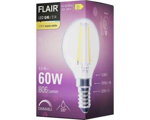 Verpakking van een dimbare Flair LED lamp G45/E14