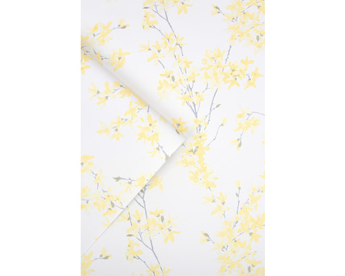 Behang met bloemmotief, takken en gele bloemen