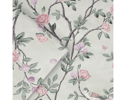 Behang met bloemen, takken en vogelmotieven