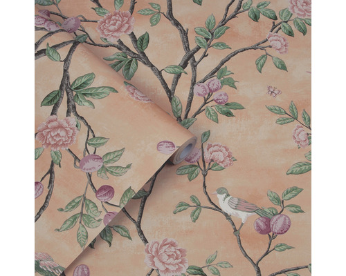 Behang met bloemmotief en vogelafbeelding