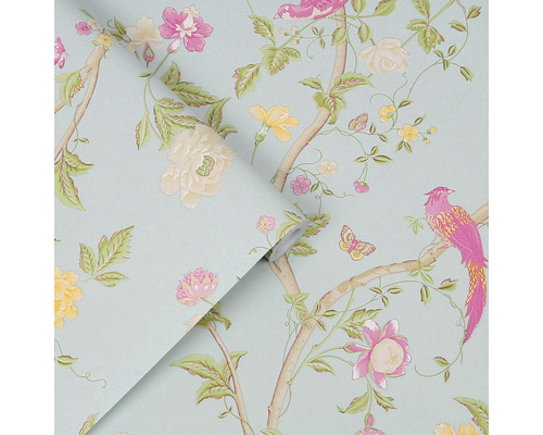 Behang met vogel-, bloemen- en vlinderpatroon