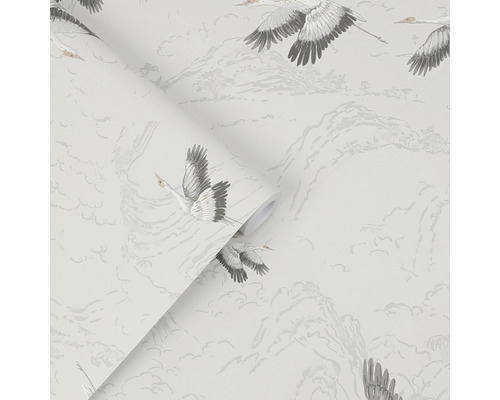 Behang met kraanvogelmotief en berglandschap op rol