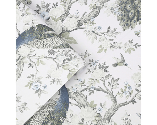 Rol behang met pauwen, bloemen en vogelmotief