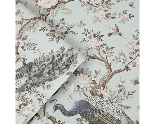 Behang met pauwen-, bloemen- en vogelmotief