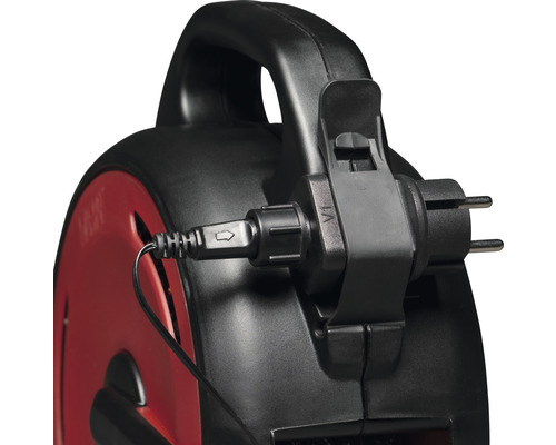 Detailweergave van een kabelhaspel met handgreep en stekkerhouder