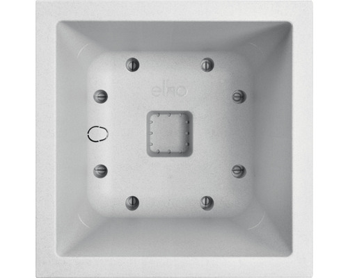 Bovenaanzicht van een vierkante plantenbak met schroeven en het Elho logo