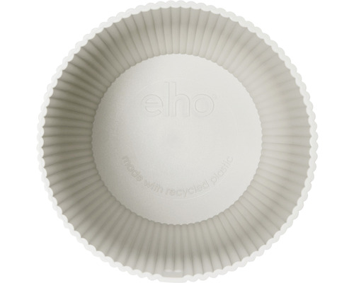 Topaanzicht van een ronde, geribbelde schotel van gerecycled kunststof met Elho logo