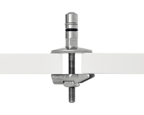 Detailopname van een verstelbare terraslager schroef, geschroefd door een witte terrasplank.