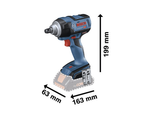 Bosch Professional accuslagschroevendraaier met afmetingen van 199 mm hoogte, 63 mm breedte en 163 mm lengte
