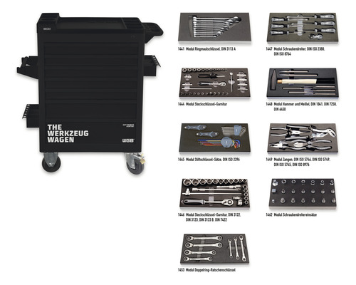 Gereedschapswagen met diverse gereedschapsmodules, waaronder steeksleutels, schroevendraaiers, hamer, beitel en tangen.