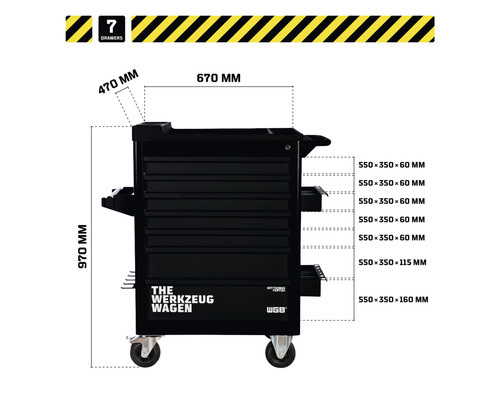 Gereedschapswagen met zeven laden en maataanduidingen