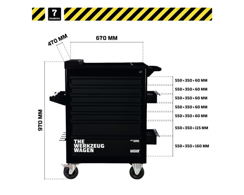 Afbeelding van een gereedschapswagen met zeven laden en maatvoering.
