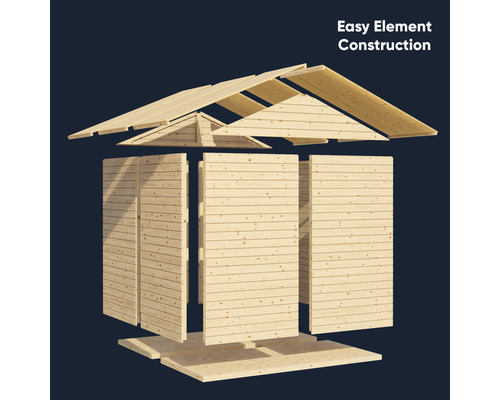 Eenvoudige elementconstructie van een houten tuinhuis.