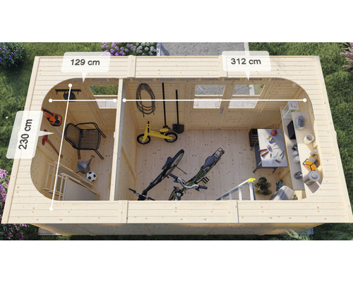Bovenaanzicht van een tuinhuis met interieur en afmetingen