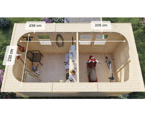 Bovenaanzicht van een tuinhuis met afmetingen voor hoogte en breedte.