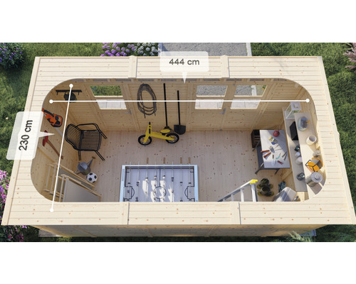 Bovenaanzicht tuinhuis met afmetingen 444 cm bij 230 cm, ingericht met tafelvoetbal, tafel, gereedschap en speelgoed