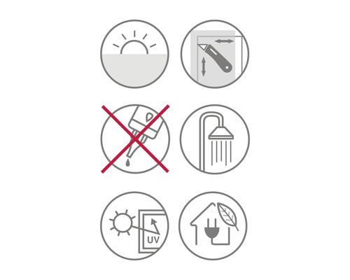 Symbolen voor daglicht, snijden, geen vocht, douche, UV-bescherming en groene stroom