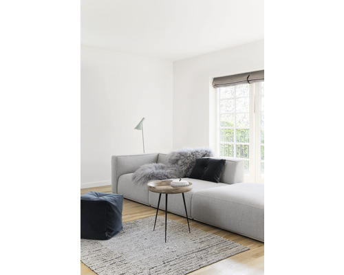 Lichte woonkamer met grijze bank, tapijt, tafel en raam