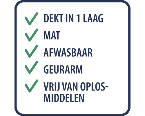 Symbool voor dekking in 1 laag, mat, afwasbaar, geurarm en vrij van oplosmiddelen