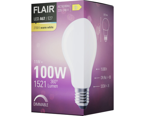 Verpakking van een dimbare Flair ledlamp A67 E27 met 2700 kelvin warm wit