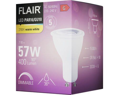 Verpakking van een Flair LED PAR16/GU10 lamp met 5 jaar garantie