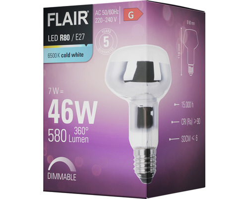 FLAIR LED lamp R80 E27, 7 watt, komt overeen met 46 watt, 6500 kelvin koud wit, dimbaar